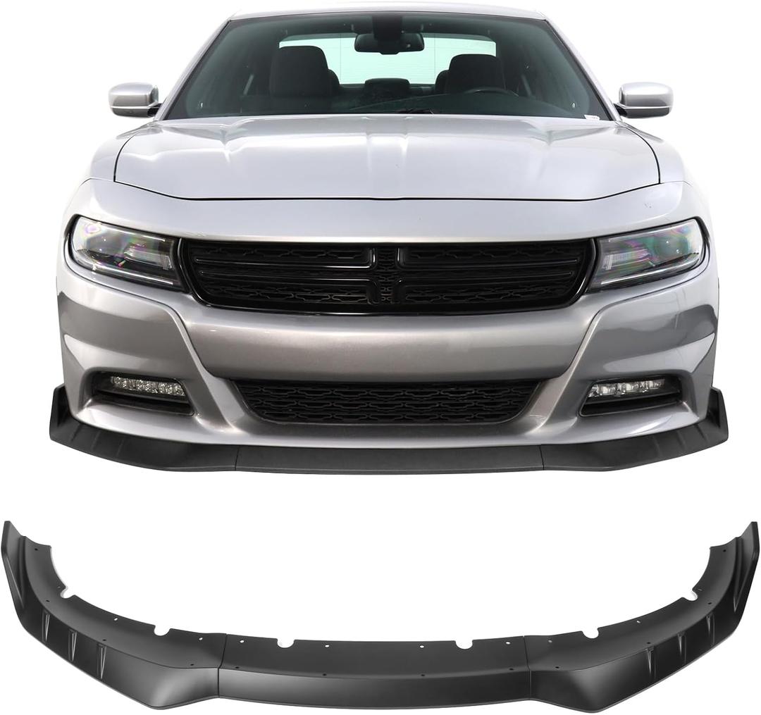IKON MOTORSPORTS, Front Bumper Lip Compatible with 2015-2023 Dodge Charger, IKON V3 Style Matte Black ABS Front Air Dam Chin Spoiler Splitter 3PCS, 2016 2017 2018 2019 2020 2021