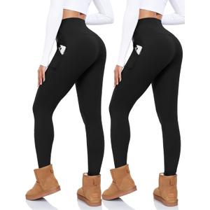 CTHH 1 Pack Fleece Lined Leggings Women with Pockets - High Waisted Soft Winter Thermal Warm Tummy Control Yoga Pants (Black, Large)
