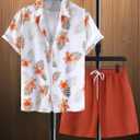 GORGLITTER Men's Hawaiian Matching Set Summer Beach 2 Piece Outfits Flower Button Down Shirts and Shorts Set (Orange, M)