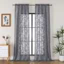 OVZME Grey Sheer Curtains 96 inches Long 2 Panels for Living Room, Jacquard Clip Leaf Pattern Textured Light Filtering Window Semi Sheer Voile Drapes for Bedroom, Each Panel 42 x 96 Inch