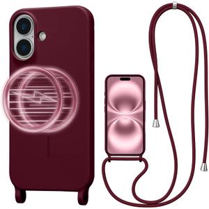 Magnetic Crossbody Case for iPhone 16 6.1", Liquid Silicone Case with Adjustable Shoulder Neck Lanyard Strap,[Compatible with MagSafe] Shockproof Protective Phone Cover-Red