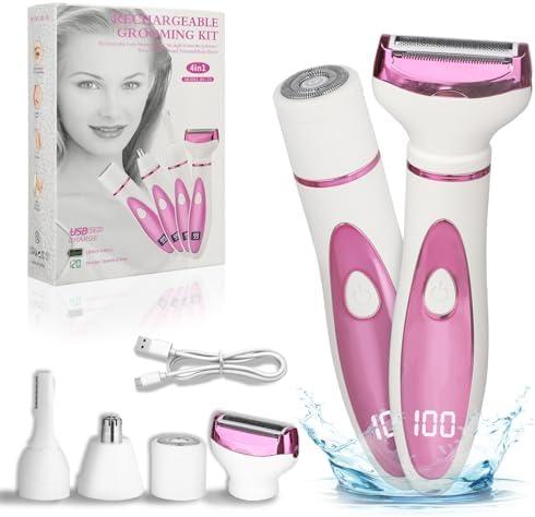 Beanify Electric Razor for Women Men, 4 in 1 Painless Ladies Wet & Dry Body Razors and Facial Hair Remover, Rechargeable Led Display Hair Removal Kit for Nose Face Body Leg Bikini Arm Hair (Pink)