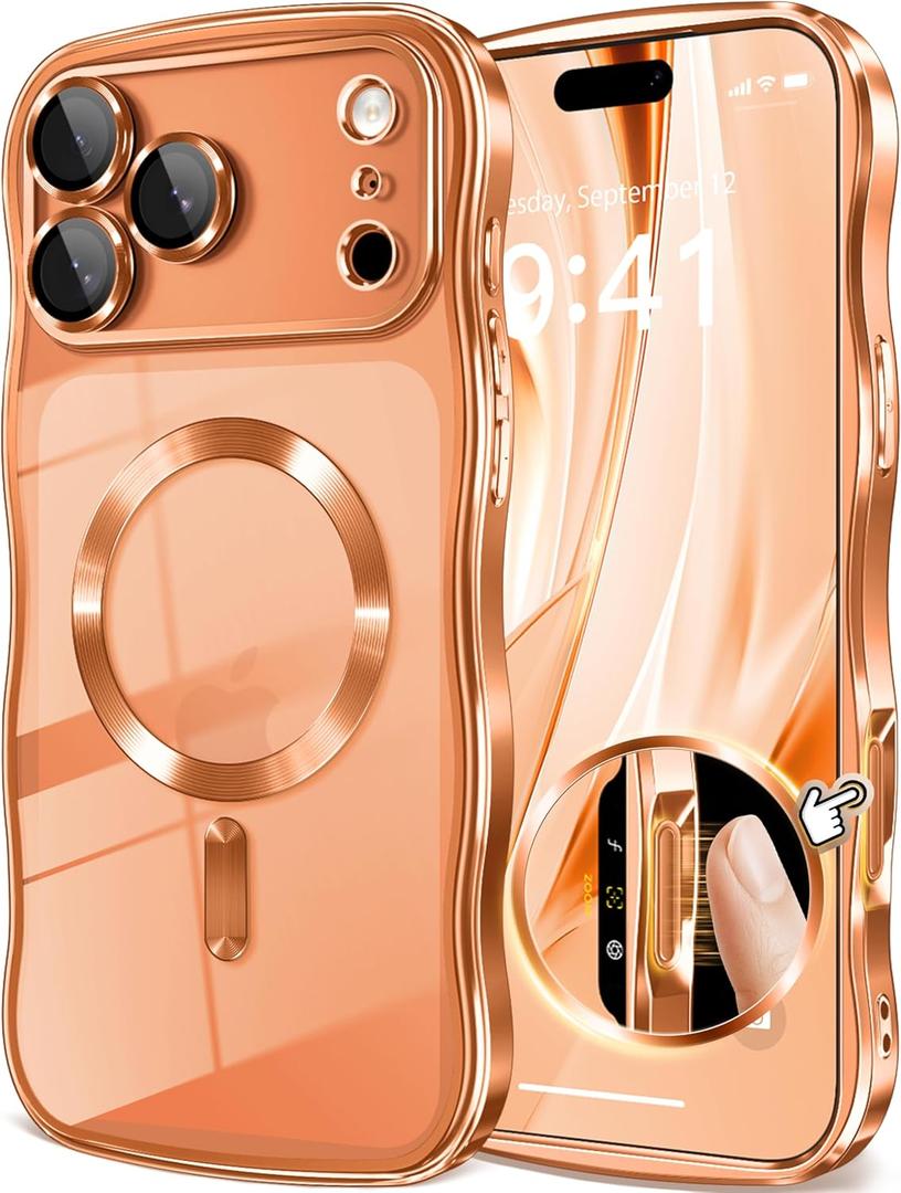 GVIEWIN for iPhone 17 Pro Case [Compatible with MagSafe][Upgraded Full Camera Protection][Cute Wave Frame] Glossy Slim Shockproof Protective Magnetic Phone Case for iPhone 17 Pro 6.3", Clear/Orange