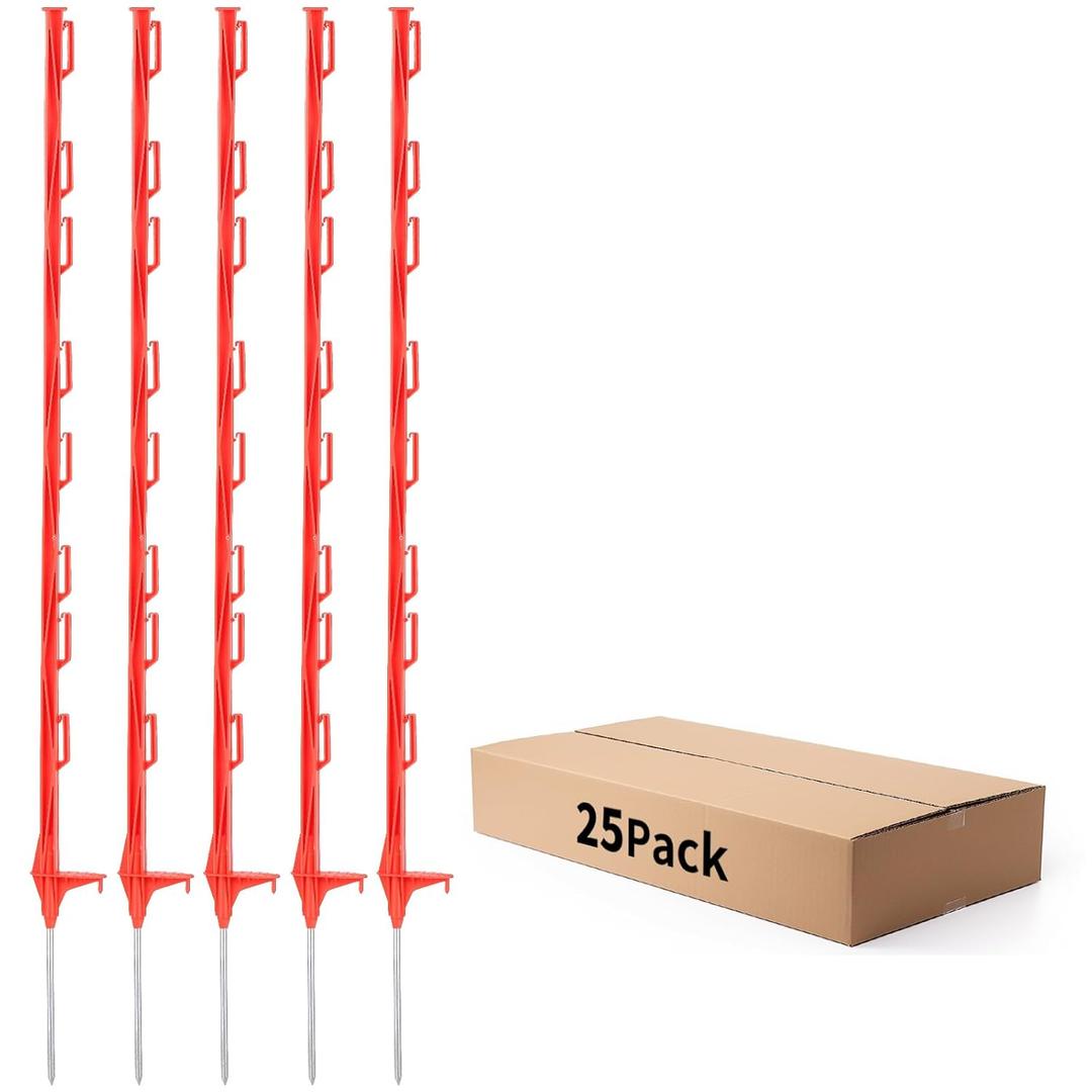 25 Pack Electric Fence Posts,48 Inch/4FT Step-in Plastic Posts for Farm and Garden,Temporary Sturdy Fencing System for Electric Fencing and Yard Protection, Red