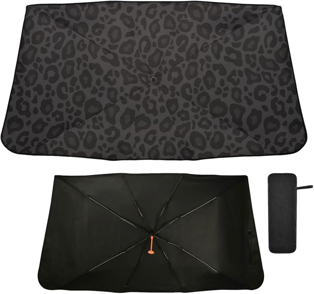 Black Leopard Windshield Sun Shade Umbrella Animal Skin Print Foldable Car Front Window Sunshade Blocks UV Rays Heat Keep Vehicle Cool (55" x 27.5")
