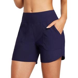 baleaf Women's 3"/5"/7"/9" High Waisted Swim Board Shorts Quick Dry Swimsuits Bottoms Trunks with Pockets (Large, Dark Blue)