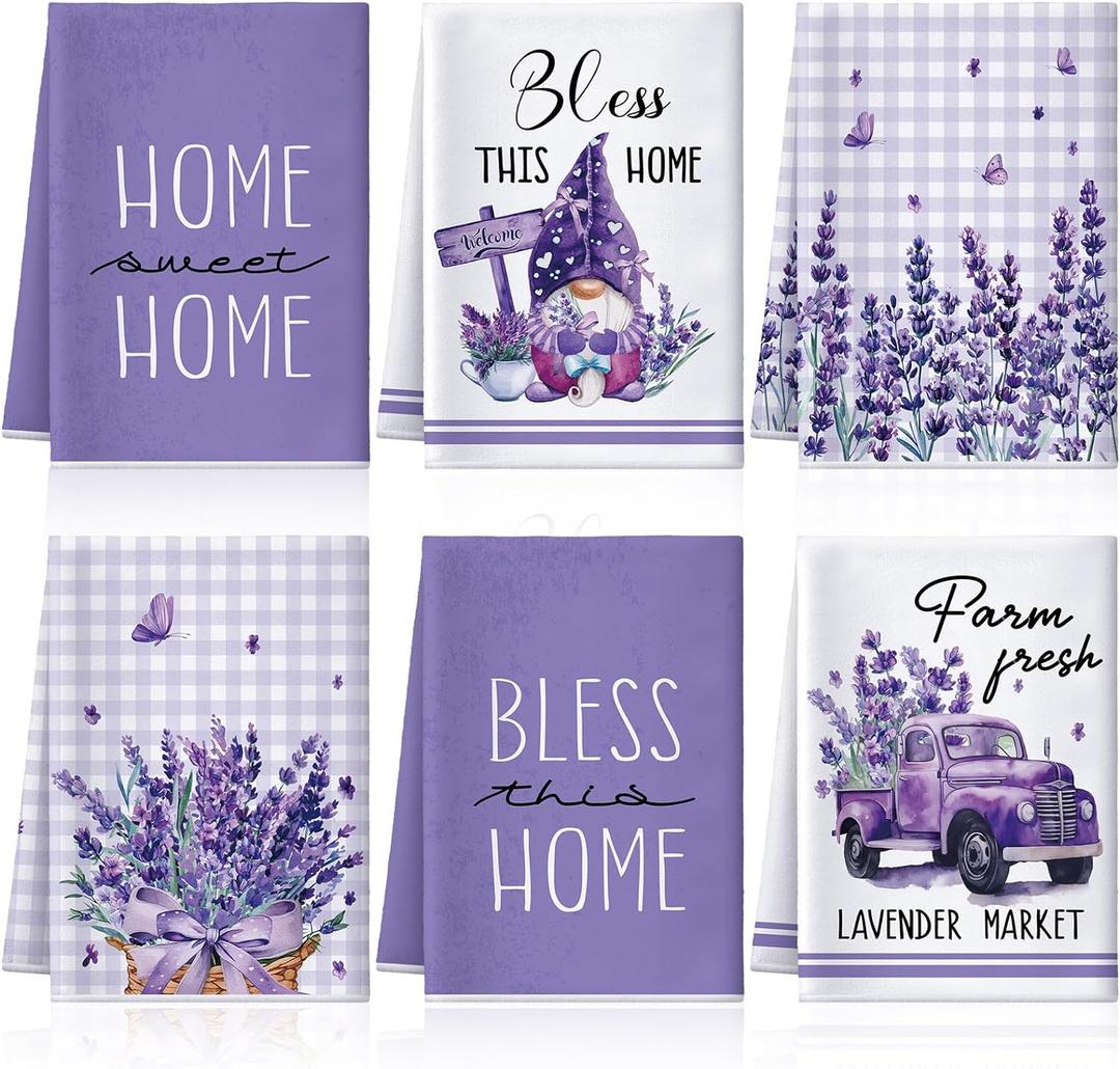 VitalCozy 6 Pcs Lavender Summer Kitchen Towel Set Funny Housewife Farmhouse Rustic Bath Hand Towel for Holiday Bathroom Gift, 24 x 16 Inches(Purple,Lavender)