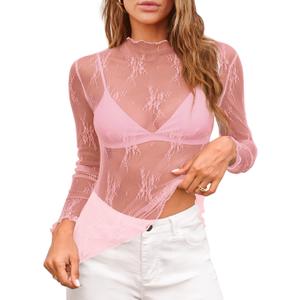 Aoulaydo lace Long Sleeve top for Women mesh Layering top Mock Neck Floral See Through Tops (X-Large, Pink)