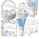 452 Pcs Party Supplies Serve 50 Guests, Paper Plates Napkins Cups Cutlery Plastic Tablecloth Dinnerware for Birthday Wedding Party Decoration(Blue and Brown,Little Pumpkin Baby Shower)