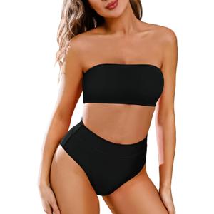 Pink Queen Women's Removable Strap Wrap Pad Cheeky High Waist Bikini Set Swimsuit (Medium, Black)