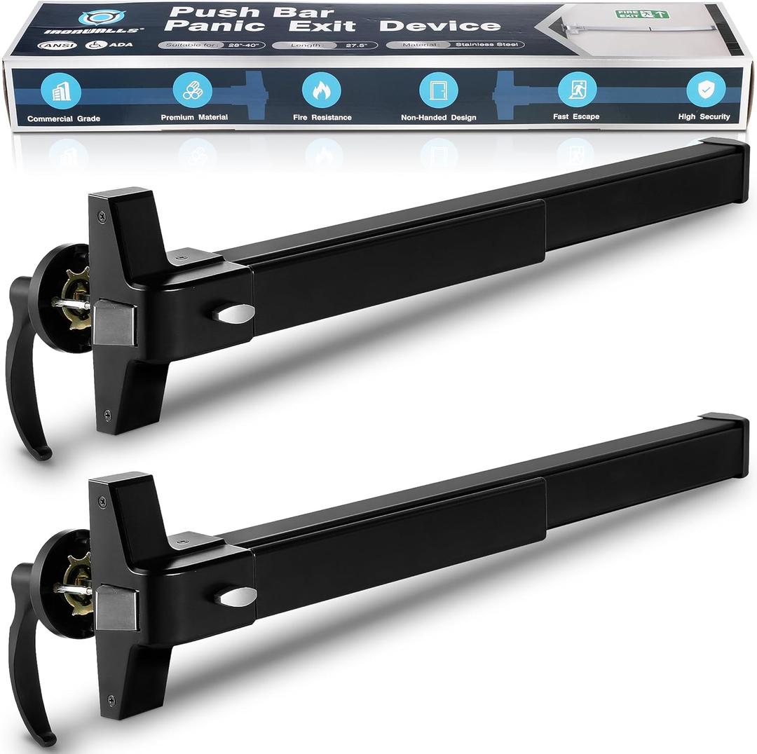 IRONWALLS 2-Pack Black Panic Bars for Exit Doors Commercial, 27.5 Stainless Steel Push Bar Panic Exit Device with Exterior Lever Handle, Push Bar Door Lock Panic Door Hardware for 27.5-41 Doors