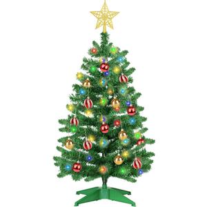 3FT PVC Green Christmas Tree Tinsel with 50 Warm White & Multi Color Fariy Light 3D Star 15 Ball Ornament, 12 Light Modes Timer Battery Operated Small Artificial Full Xmas Tree Indoor Holiday Decor