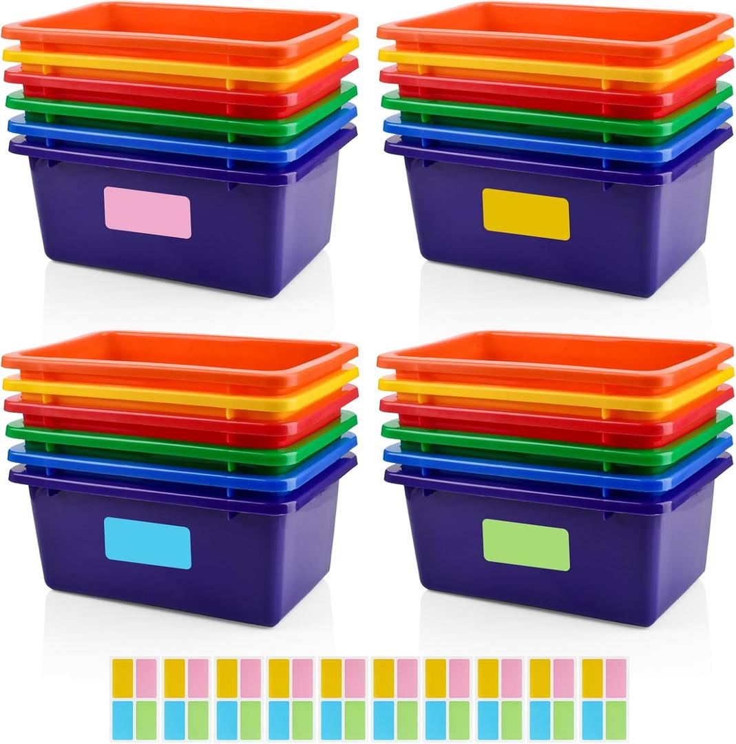 CONLI 24 Pcs Plastic Cubby Bins with Adhesive Labels for Classroom Organization, Toy Storage Bins 6 Colors Storage Containers for School Office Home
