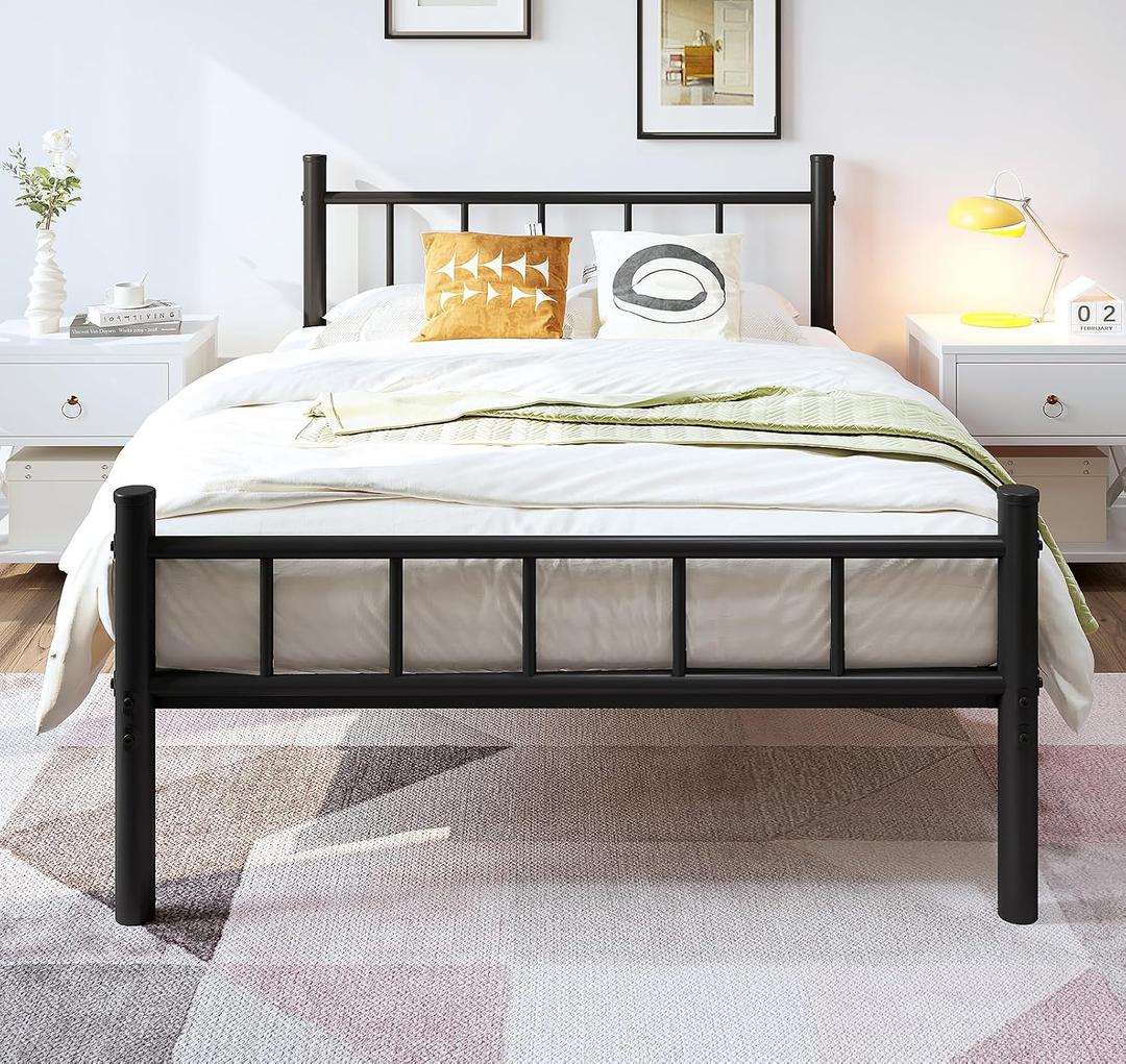 zizin Twin Size Metal Bed Frame with Headboard & Footboard 14 Inch Metal Platform Mattress Foundation Support with Steel Slat, Under Bed Storage, No Box Spring Needed
