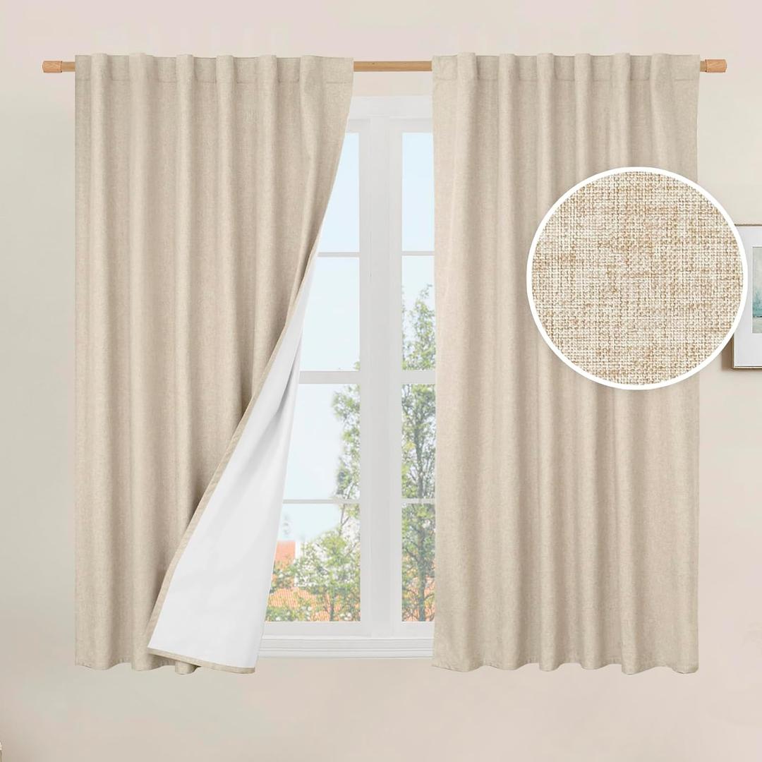 LAMIT Full Blackout Window Curtains for Bedroom, 54 Inches Thermal Farmhouse Curtains Back Tab and Rod Pocket Privacy Protected Burlap Panels with White Liner, 2 Panels, 52 x 54 Inch