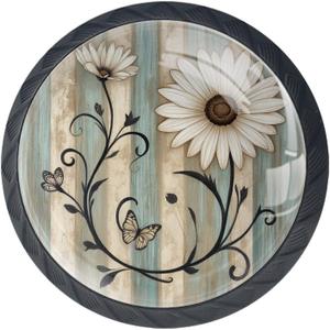 4 Pcs 1.37" Round Cabinet Knobs Flowers on Vintage Wooden Boards Kitchen Cupboard Knob Black Drawer Hardware Pulls Dresser Handle with Screws Furniture Decoration