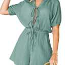 Fixmatti Women's Short Sleeve Romper V Neck Self Tie Loose Mini Jumpsuits Celadon M