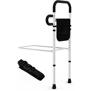 Adjustable Height Bed Rails for Elderly, Bed Assist Rail with Leg, Safety Handle and Storage Pocket