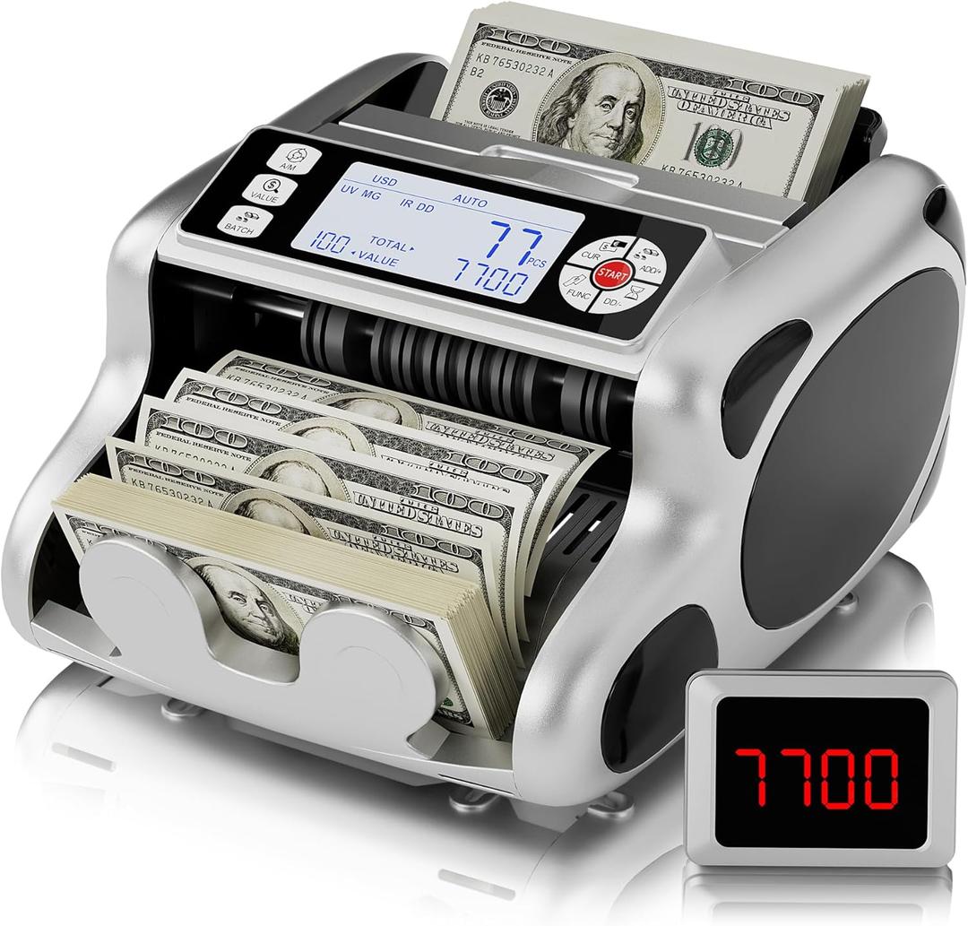 Money Counter Machine, Pro Counterfeit Money Detector UV/MG/IR/DD/VI/FA for Dollars, Euros Value Count with Backlit LCD Display, Add/Batch/Auto/Manual Modes Money Counting Machine (Silver)