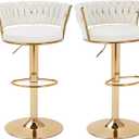 VECELO Bar Stools Set of 2, Adjustable Barstools Counter Height Stools with Back and Arm, Velvet Woven Kitchen Island Stools w/Gold Metal Leg & Base, 360 Swivel Bar Chair for Pubs Dining Room, White