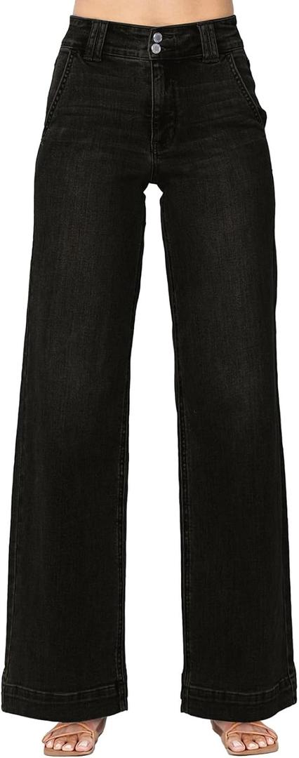 Astylish Wide Leg Pants Woman Trendy High Waisted Straight Jeans Loose Denim Pants Stretchy Double Buttoned Baggy Trouser 2025 Fall with Slanted Pockets Size 16 Black
