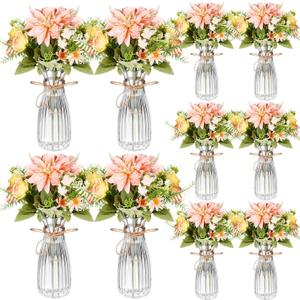 30 Pack Artificial Flowers with Vase Bulk, 20 Bundles Silk Floral Bouquet 10 Clear Vase with 1 Pcs Rope, Mason Jar Table Centerpiece Arrangement Wedding Party Decor (Dahlia,Champagne)