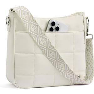 Anti Theft Crossbody Bags for Women, Quilted Puffer Travel Purses Shoulder Hobo Bag Handbag with Guitar Strap (Beige)