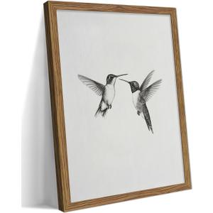 Vintage Wall Art Framed Hummingbird Canvas Print, Modern Farmhouse Birds Wall Decor, Living Room Sketch Painting Picture, Minimalist Black and White Bird Bedroom Decor – 16x24 inch