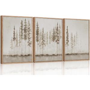 HPINUB Misty Forest Framed Canvas Wall Art Set, Foggy Pine Tree Wall Decor, Pastel Nature Landscape Wall Painting, Evergreen Coniferous Plant Art Print for Living Room, Bedroom, Office-24 x36 x3