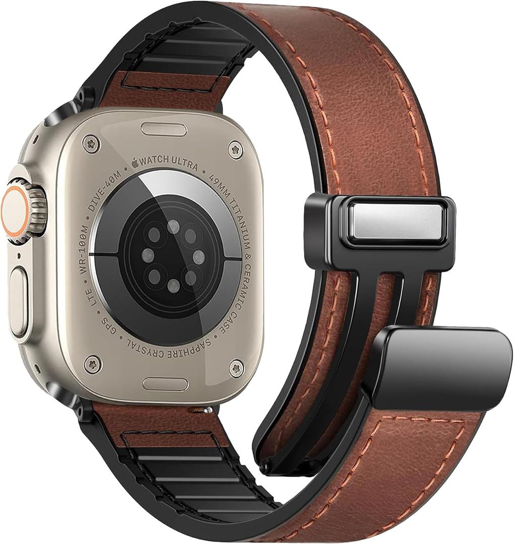 Magnetic Leather Bands Compatible with Apple Watch 49mm 46mm 45mm 44mm 42mm(S3/2/1) for Men Women, Genuine Leather with Magnetic Buckle for iWatch Ultra1/2/3 Series SE11/10/9/8/7/6/5/4/3/2/1 (A1 Mahogany Brown)