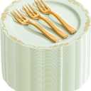 LIYH 100 Pcs Light Green Gold Plastic Dessert Plates with 100 Pcs Gold Dessert Plates, Disposable Sage Green Salad Plates, Includes: 100 Appetizer Plate 7.5" & 100 Golden Cake Forks 5"