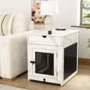 Piskyet Dog Crate Furniture,Wooden Dog Crate End Table with Storage Drawer&Cushion&Tray, QC3.0 Wireless Charging,Dual USB,Small Dogs Marble White