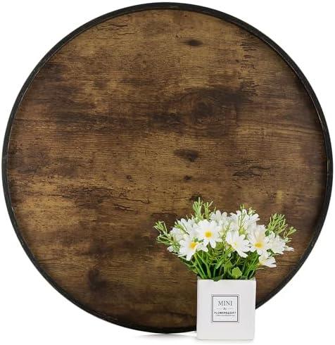 Hanobe Decorative Coffee Table Tray: Brown Wood Tray Round Rustic Wooden Trays Circle Farmhouse Centerpiece Candle Holder for Home Decor Ottoman Counter Display Living Room Organizer 18"