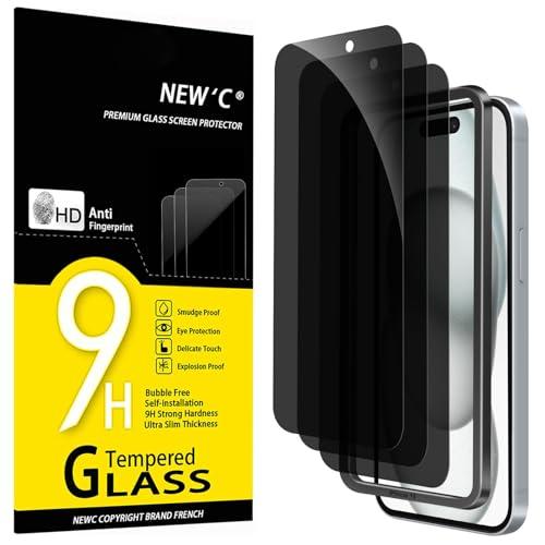 NEW'C 3 Pack Privacy Screen Protector for iPhone 16, iPhone 15 (6.1 inches), Anti-Spy Tempered Glass Film,Case Friendly Ultra Resistant with easy installation tool included