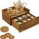 Idefair Acacia Wood Tea Box Organizer Storage Box with 5 Wooden Coasters, Tea Bags Organizer Chest Storage with Drawer, Tea Bag Box for Coffee Teabgs Countertop Display