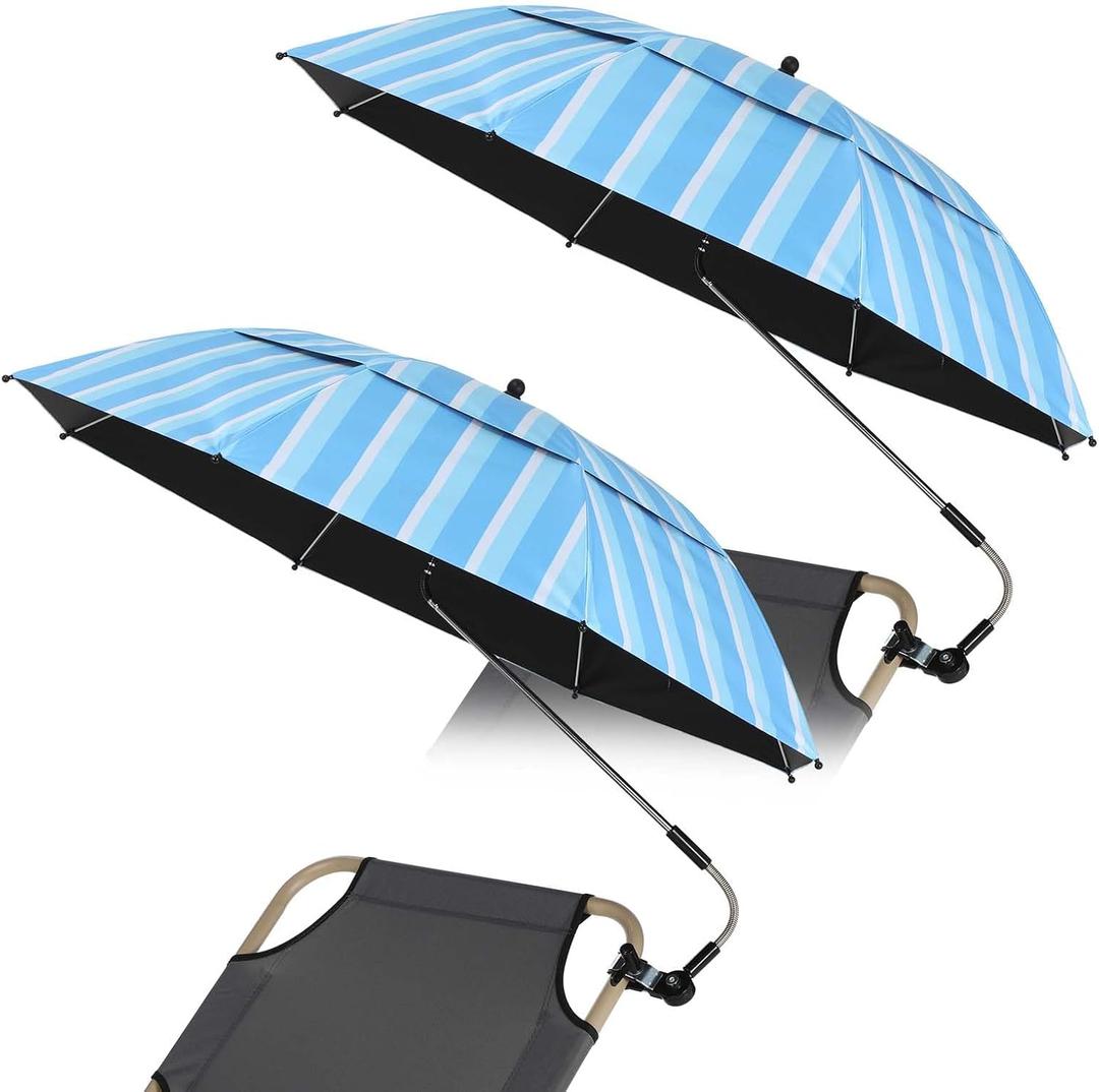 Geetery 2 Pack 48.6 Inch Large Double Canopy Beach Umbrella with Clamp Adjustable Portable Beach Chair Umbrella with Clip for Outdoor Wheelchair, Patio, Golf Carts, Camping