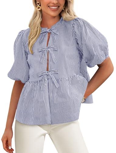 PRETTYGARDEN Women's Tie Front Striped Shirt 2026 Summer Trendy Fashion Cute Babydoll Tops Peplum Puffy Sleeve Blouse (Navy,XX-Large)