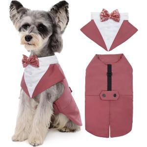 Kuoser Dog Tuxedo Dog Suit and Bandana Set, Dogs Tuxedo Wedding Party Suit, Doggy Prince Bow Tie Shirt Formal Pet Wedding Attire for Large Medium and Small Dogs Golden Retriever Samo Bulldogs (Small, Pack of 1,  Pink)