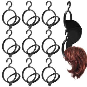Menkxi 10 Pcs Hanging Short Wig Hanger Stand Foldable Holder Portable Collapsible Rack for Multiple Hats Storage Display Styling Travel Hair Replacement, Keep Wigs in Shape, Black