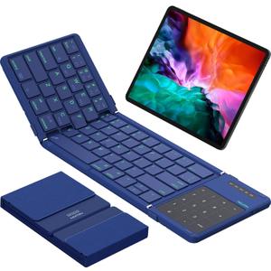 Nillkin Foldable Bluetooth Keyboard with Touchpad & Number Pad, Portable Bluetooth Keyboard with Full Size Keys, Pocket-Sized Wireless Travel Keyboards for iPad, Smartphone, Tablet and Laptop Blue