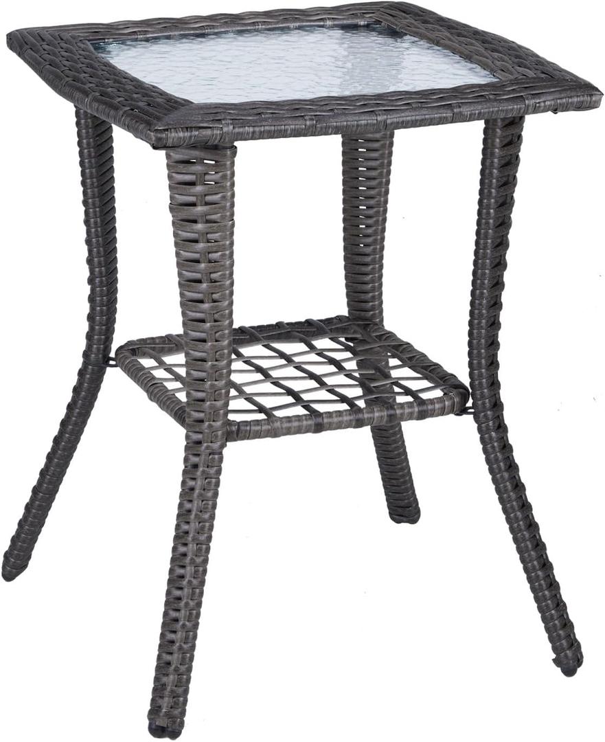 VINGLI Outdoor Side Table with Storage Wicker Patio Side Table, Tempered Glass Top End Table for Balcony Porch Deck (Grey), 18 inches x 18 inches x 22.6 inches