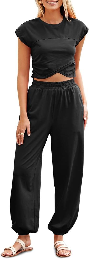 Fisoew Women's Two Piece Outfits Casual Lounge Sets Crop Tops and Joggers Tracksuit with Pockets (X-Large, Black)