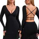 GLNEGE Long Sleeve V-Neck Bodycon Mini Dresses Sexy Backless Cocktail Party Club Night Out Dress for Women (Black, M)