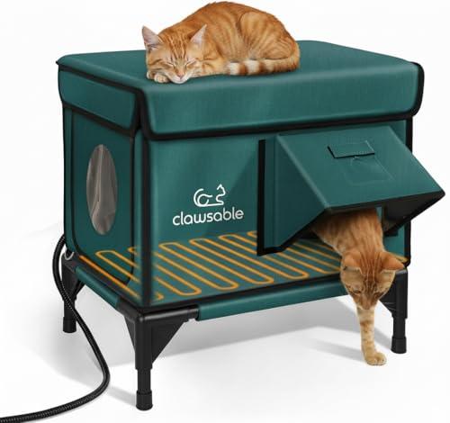 Indestructible Heated Cat House for Outside Winter, 100% Waterproof, Safe Escape Door, Insulated Outdoor Cat Shelter with Heater for Feral Barn Cat Kitty (Forest Green, 13"x17"x18")