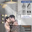 Thermostatic Shower System Dual Shower Heads with 16" Ceiling Mounted Rain Shower Head & 6" Wall Mounted Head 4 Function Shower System with body jets Can All Run Together, Brushed Gold