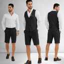 Men's Suit Linen 2 Piece Vests Short Pants Suits for Men Casual Summer Beach Groomsmen Wedding Waistcoat Set Outfit (Black, XXL)