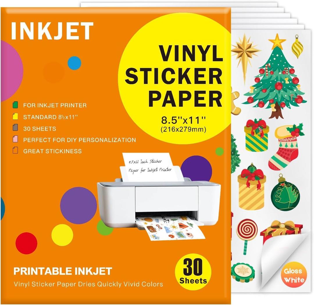 30 Sheets Premium Printable Vinyl Sticker, Vinyl Glossy White Waterproof Sticker, Suitable for Inkjet Printers, Dries Quickly, Vivid Colors, Tear Resistant, 8.5x11" Great for Cutting Machines