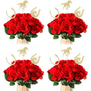 Knitgrip 48 Pcs Ky Derby Horse Party Centerpieces 24 Red Artificial Roses Flowers Bouquet 24 Pcs Derby Horseshoe Sticks Toppers for Tables Horse Day Party Decoration