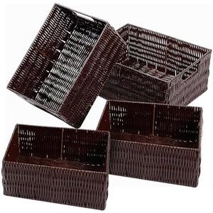 Elevon Handmade Storage Basket Set of 4, Plastic Wicker Baskets for Organizing with Handles, Storage Bins for Home Kitchen Countertop, Shelf Organizer, Waterproof, Coffee