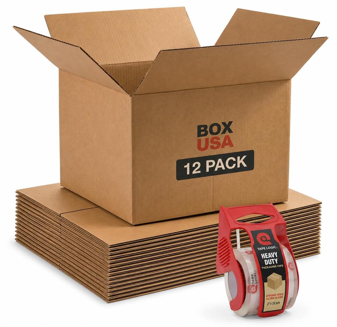 BOX USA Moving Boxes 20"L x 20"W x 15"H (12-Pack) Large + Packaging Tape - Shipping, Mailing, Packing, Packaging and Storage, ECT-32 Corrugated